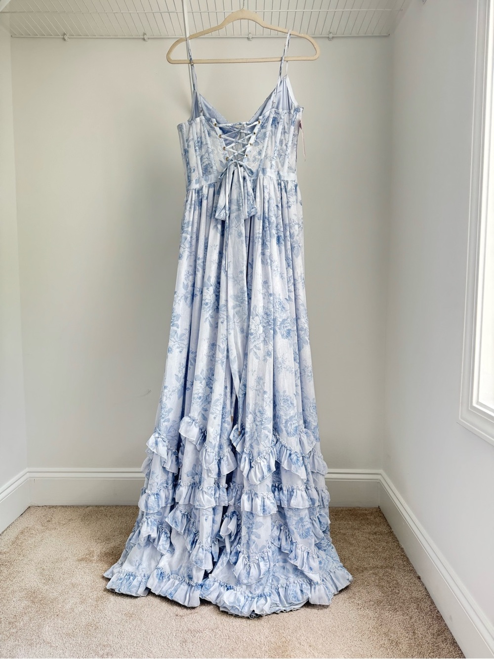 NWT REVOLVE V. Chapman Carmen Corset Front-Slit Ruffled Chiffon Gown - Picture 6 of 11
